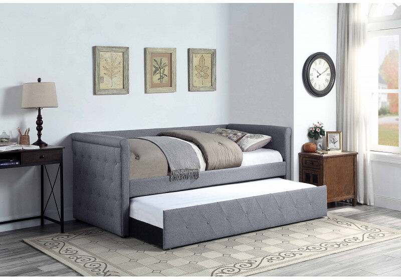 WESTFIELD Lit banquette gigogne chesterfield 2x90x190 en tissu gris cendré MÉLINE - Westfield