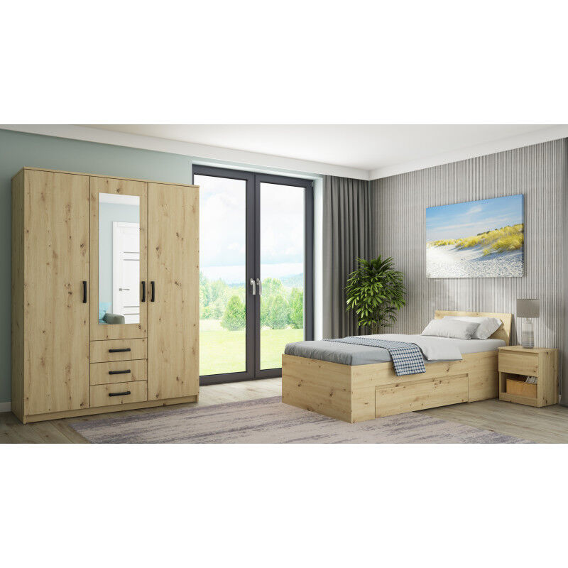 Linea deco Chambre à coucher complète avec armoire papier décor bois 90x200 CELIAN - Linea deco