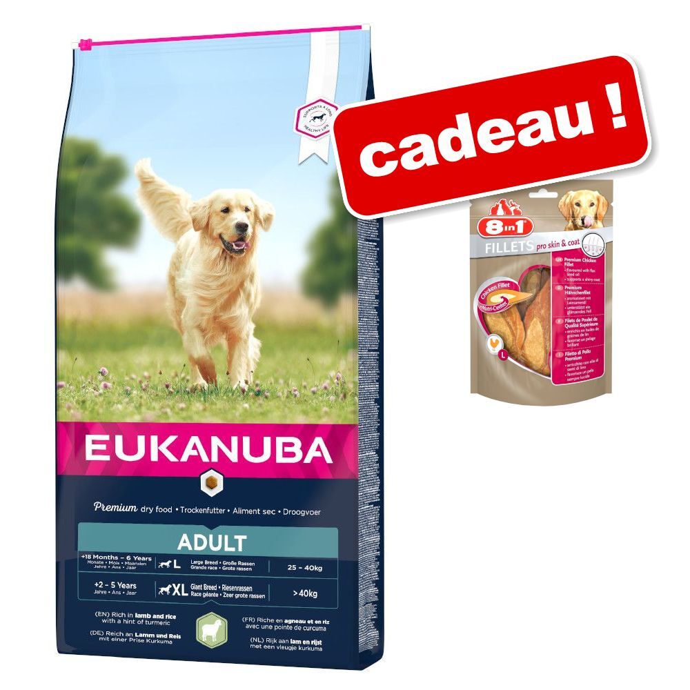 Eukanuba Croquettes Eukanuba 3 à 12 kg + 80 g friandises 8in1 Fillets Pro Skin...