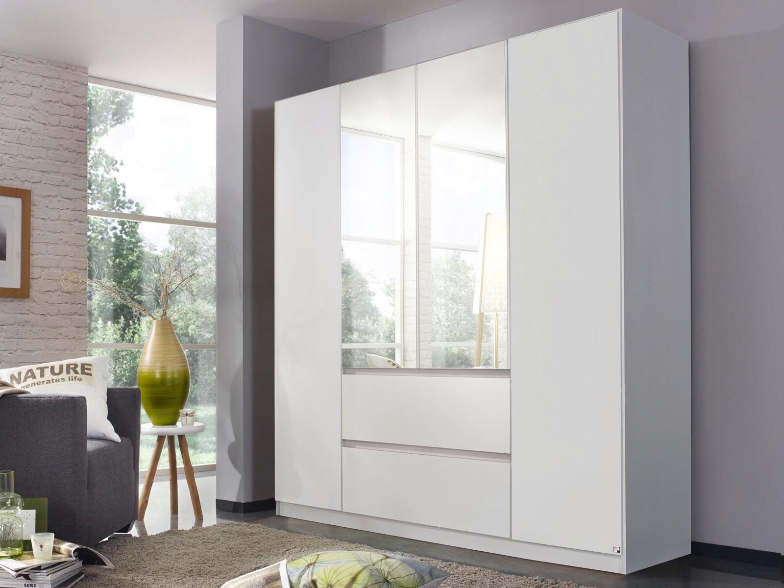 Mobistoxx Armoire MALIS 4 portes 2 tiroirs blanc alpin avec miroir