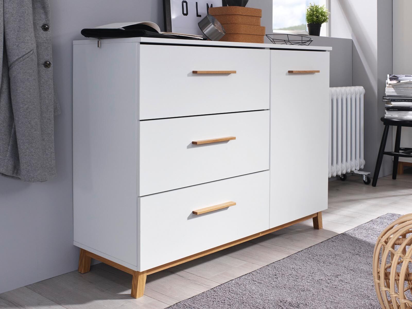 Mobistoxx Commode  CARLINO 1 porte 3 tiroirs blanc/chêne massif