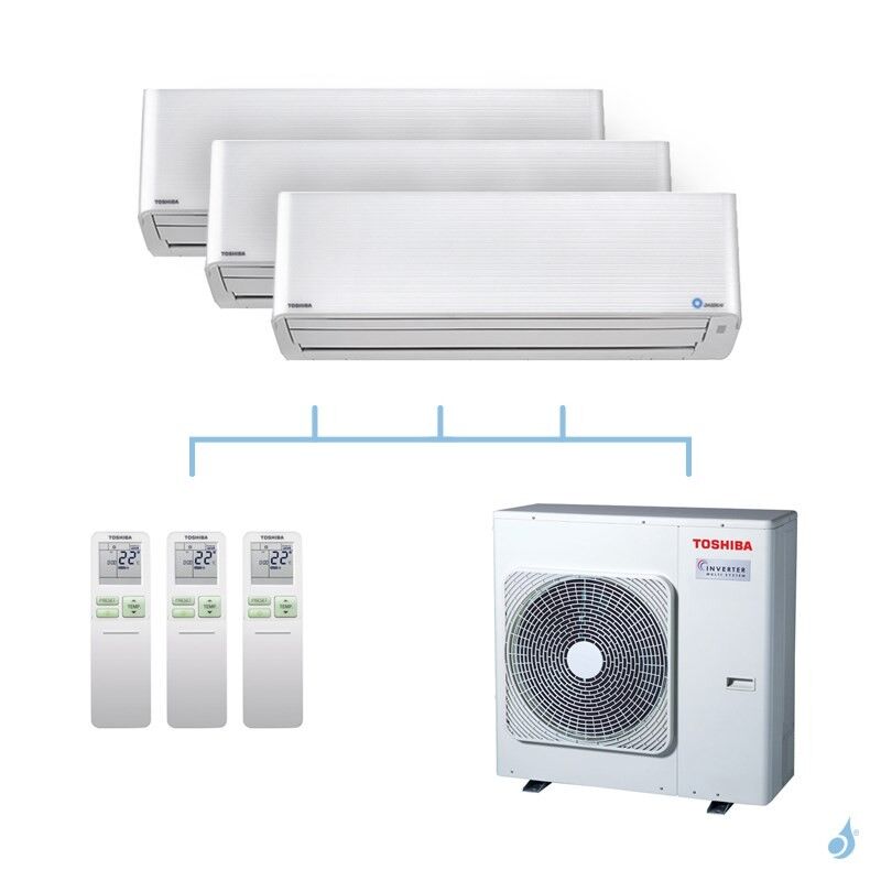 TOSHIBA climatisation tri split mural gaz R32 Super Daiseikai 9 7,5kW RAS-M10PKVPG-E + RAS-M16PKVPG-E x2 + RAS-3M26U2AVG-E A++