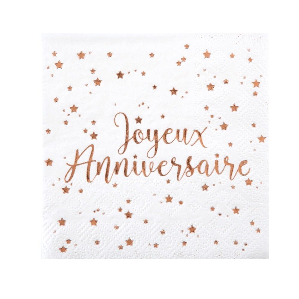 Générique 20 SERVIETTES JOYEUX ANNIVERSAIRE 25CM ROSE GOLD