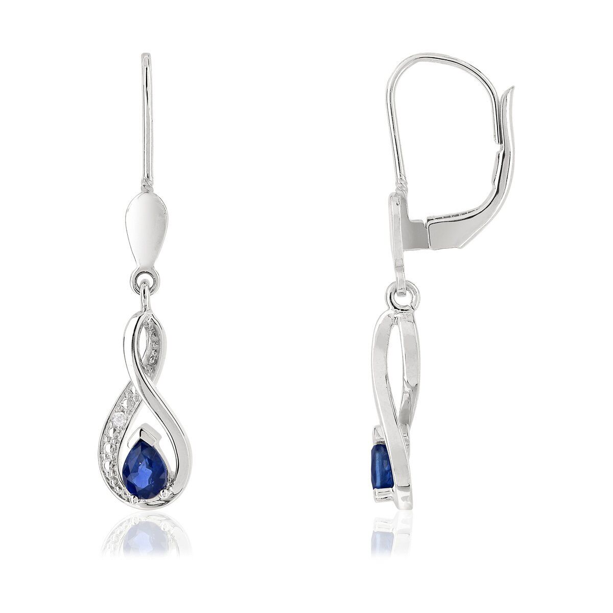 MATY Boucles d'oreilles or 375 blanc pendants saphirs taille poire et diamants- MATY