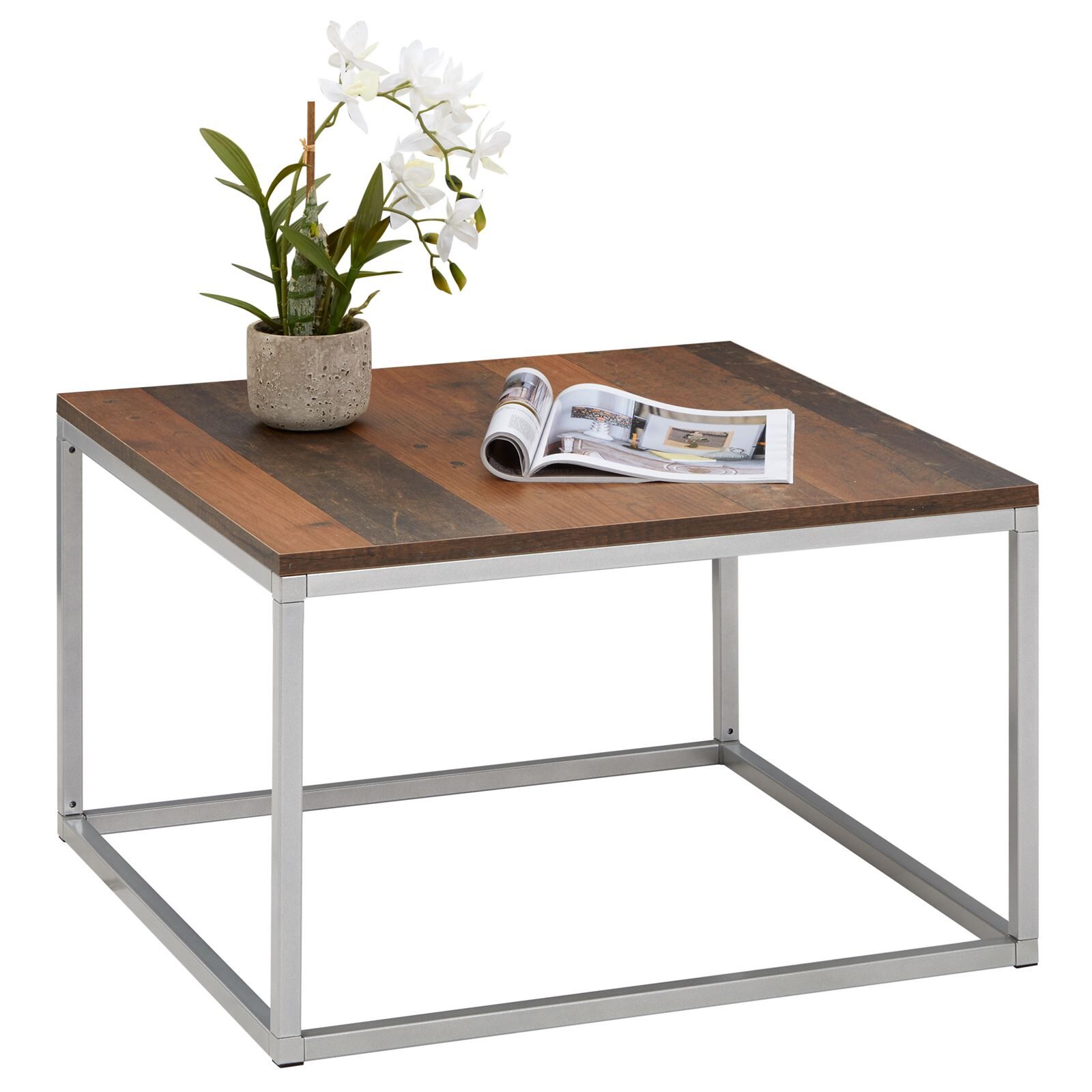 IDIMEX Table basse carrée HADES, cadre en métal gris et plateau en mélaminé décor old style