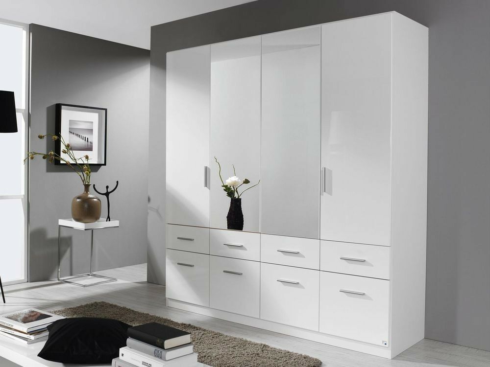 Mobistoxx Armoire CELTI 4 portes et 8 tiroirs avec miroir blanc/blanc laqué