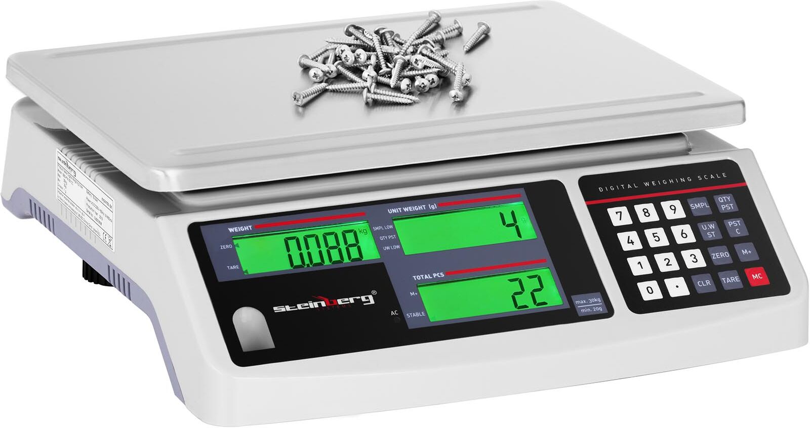 Steinberg Systems Balance compteuse - 30 kg / 1 g - 3 écrans LCD - Batterie 72 h SBS-PW-301CC