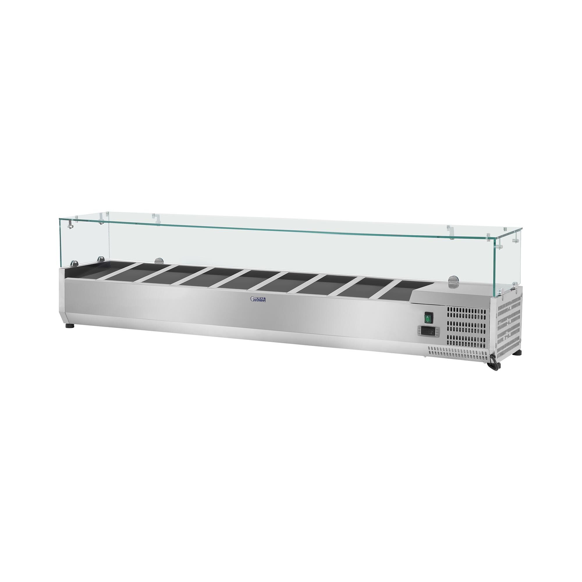 Royal Catering Saladette à poser - 180 x 33 cm - 9 bacs GN 1/4 - Couvercle en verre RCKV-180/33-9