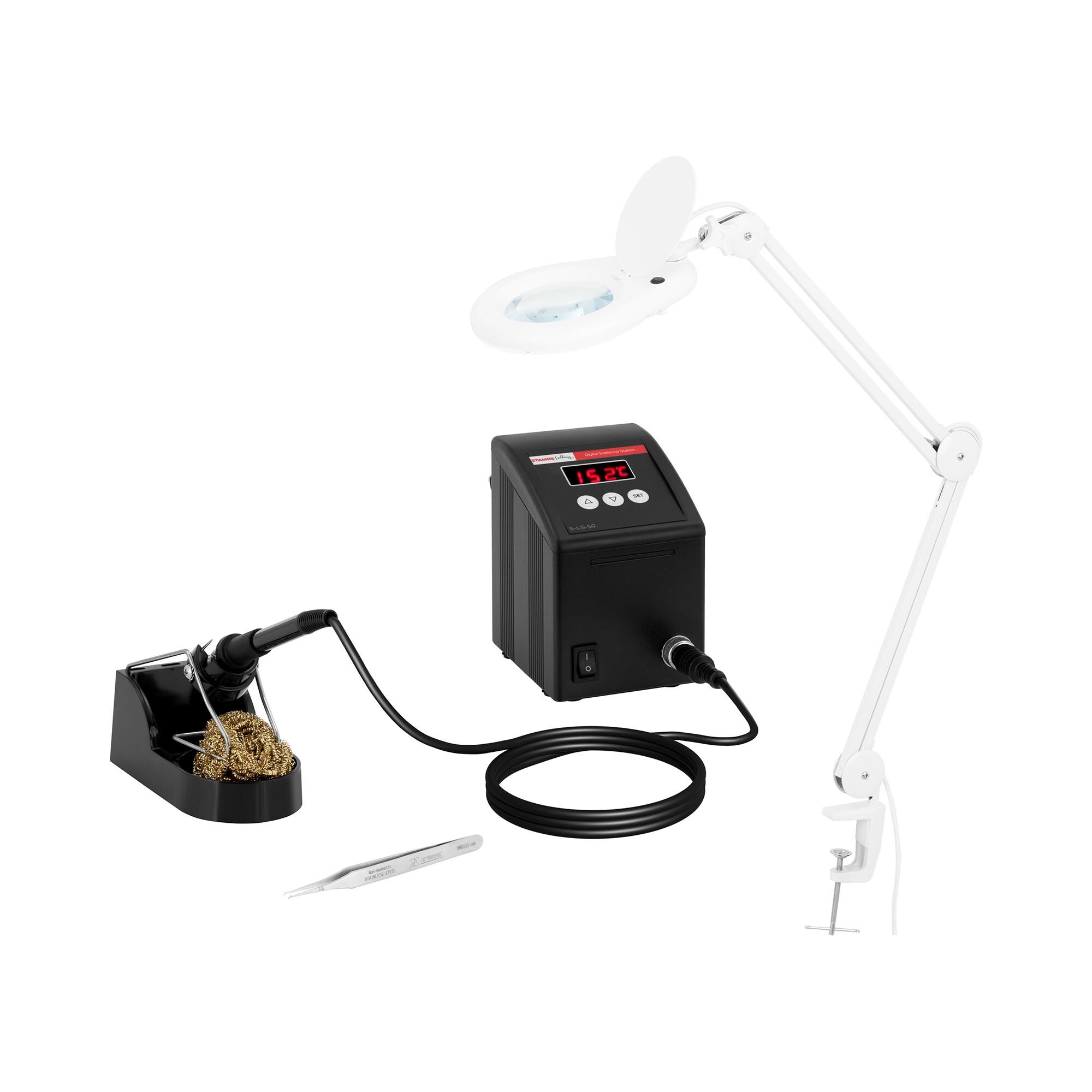 Stamos Soldering Kit station de soudage numérique avec lampe-loupe - 100 W - LED S-LS-50-SET