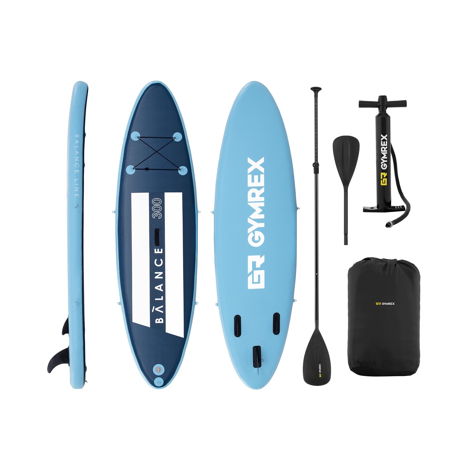 Gymrex Stand up paddle gonflable - 135 kg - Bleu pâle/bleu marin - Kit incluant pagaie et accessoires GR-SPB300