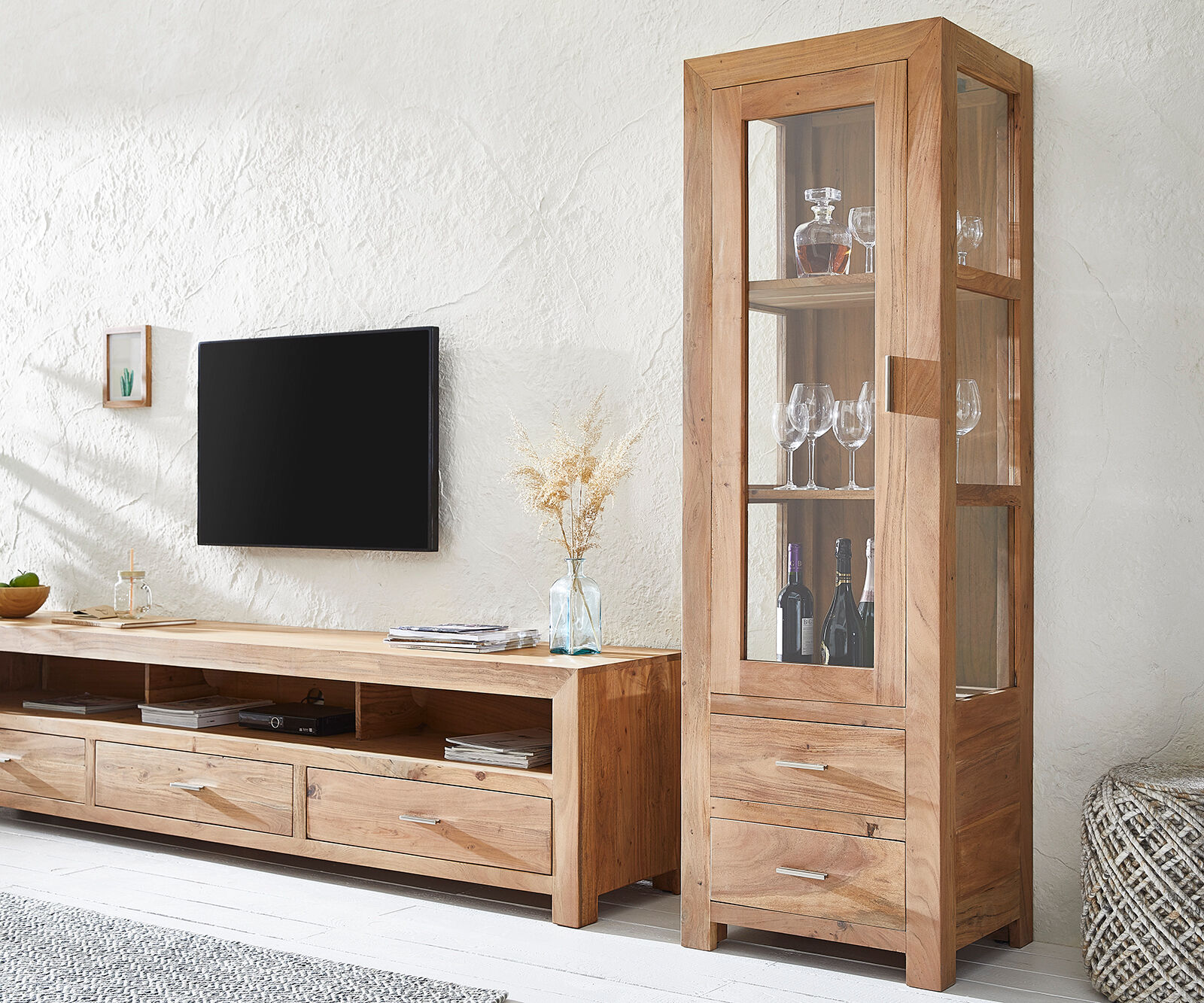 DELIFE Buffet Indra acacia nature vitré avec 2 tiroirs 1 porte