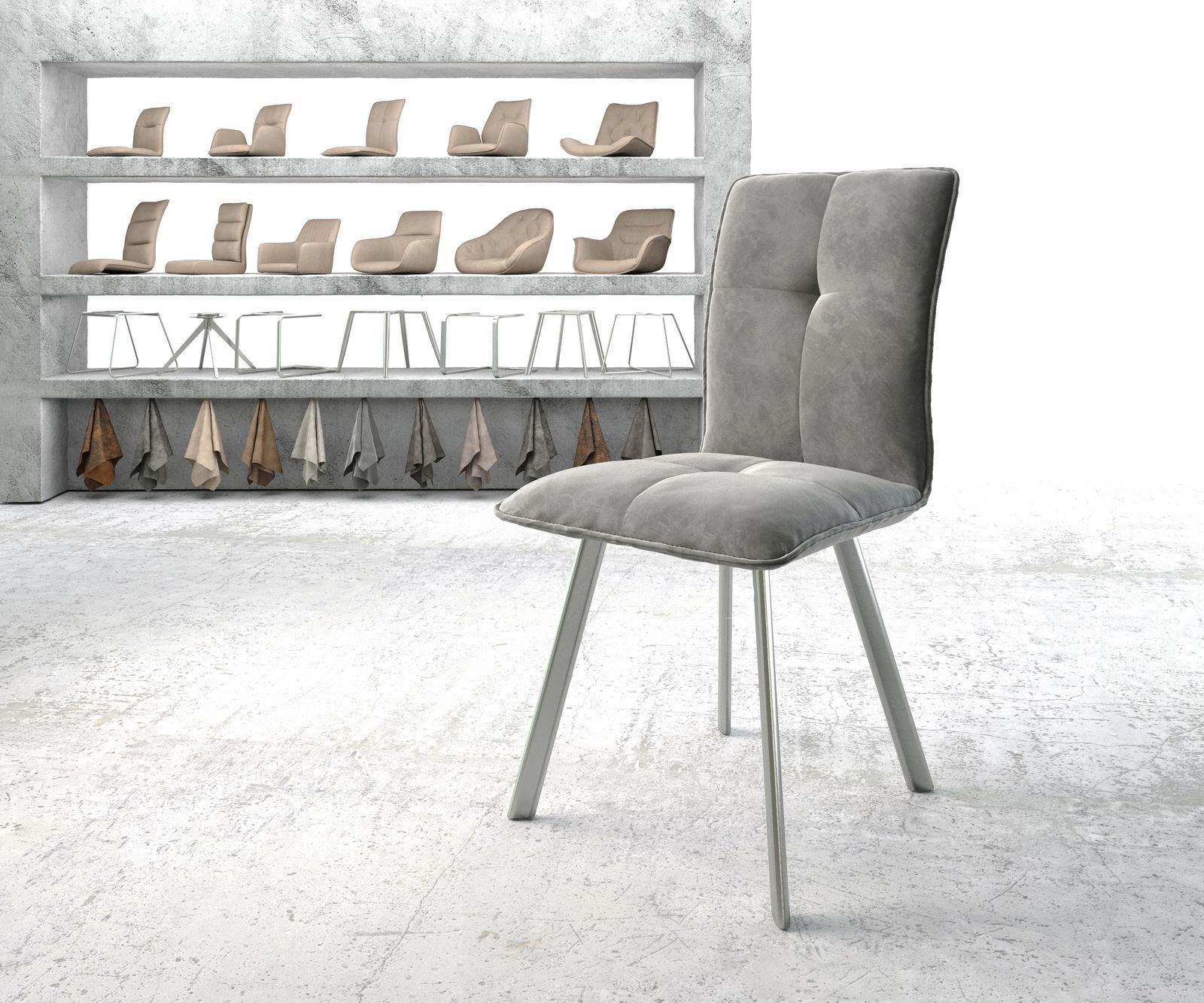 DELIFE Chaise de salle à manger Maddy-Flex gris velours 4-pieds ovale acier inoxydable