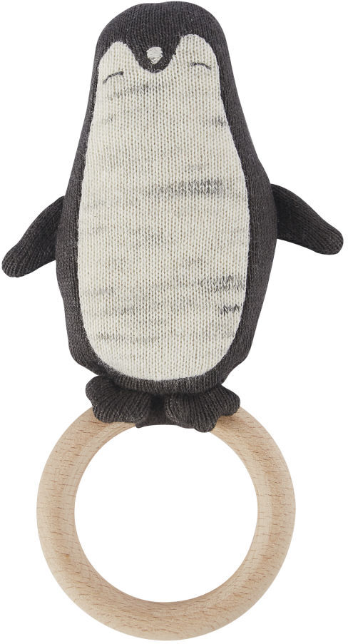 Maisons du Monde Hochet bébé pingouin en coton tricoté gris, blanc et marron