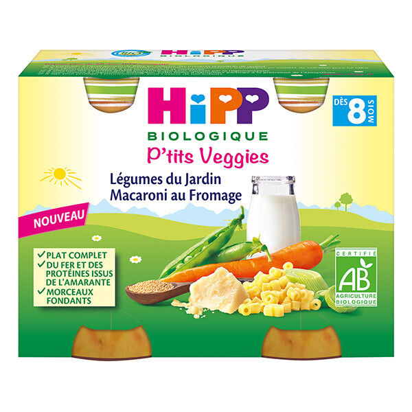 Hipp Bio Mon Dîner Bonne Nuit Pot Légumes du Jardin Macaroni au Fromage +8m 2 x 190g