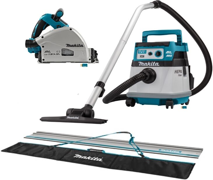 Makita 'DLX2377UX1 set combiné 2 x 18V avec AWS - DSP601 scie plongeante DVC157L rail de guidage d''aspirateur dans le sac sans batteries et chargeur'