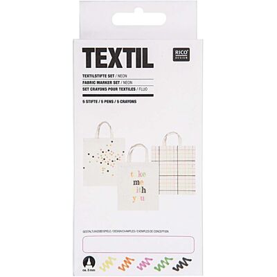 Rico Design 5 feutres textiles fluorescents - Set de 5 - Personnalisation Rico Design 5 feutres textiles fluorescents - Set de 5 - Personnalisation