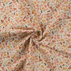 Tissu voile coton imprimé petite fleur orange et rouge fond écru - Mondial Tissus Tissu voile coton imprimé petite fleur orange et rouge fond écru - Mondial Tissus