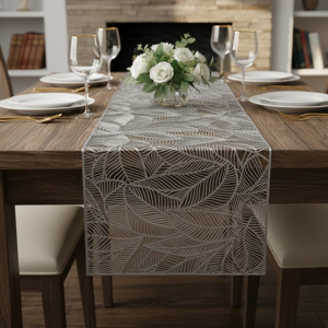Mondial Tissus - Feuillage Argent 1.50m x 25cm - Table Runner Mondial Tissus - Feuillage Argent 1.50m x 25cm - Table Runner