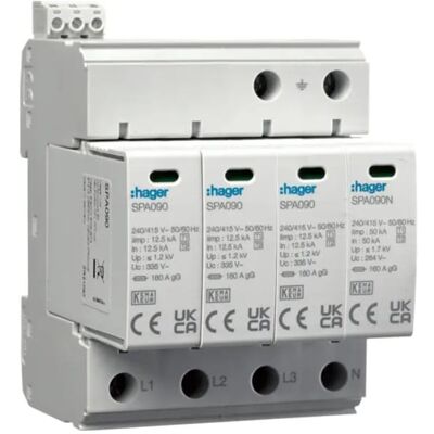 HAGER SPA931 Limiteur de surtension - Type 1+2, 4P, 50kA, 1.2kV, TN-S/TT HAGER SPA931 Limiteur de surtension - Type 1+2, 4P, 50kA, 1.2kV, TN-S/TT