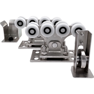 PSG Kit de chariots pour profil 68x68 mm avec roues en plastique, avec galet et support de montée PSG Kit de chariots pour profil 68x68 mm avec roues en plastique, avec galet et support de montée