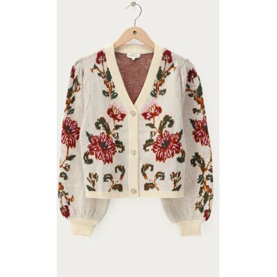 Cardigan beige en jacquard avec boutons fleuris My Jewellery Rose/Vert/Beige S femme Cardigan beige en jacquard avec boutons fleuris My Jewellery Rose/Vert/Beige S femme