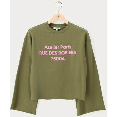 Sweat vert à bord effiloché 'Atelier Paris' My Jewellery Rose/Vert foncé S femme Sweat vert à bord effiloché 'Atelier Paris' My Jewellery Rose/Vert foncé S femme