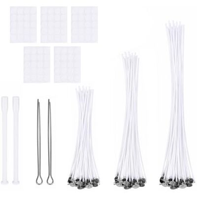 Carehabi Kit de 109 mèches pour bougies, 100 mèches en coton (10/15/20 cm) avec 5 autocollants et 4 supports de centrage, kit de bougies à faire soi-même pour la fabrication de bougies Carehabi Kit de 109 mèches pour bougies, 100 mèches en coton (10/15/20 cm) avec 5 autocollants et 4 supports de centrage, kit de bougies à faire soi-même pour la fabrication de bougies