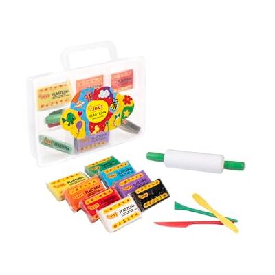 Jovi Mallette de pâte à modeler avec 8 pastilles, rouleau et 3 outils de modélisation, pour enfants à partir de 3 ans, non toxique, sans gluten, idéal pour les loisirs créatifs et les jeux Jovi Mallette de pâte à modeler avec 8 pastilles, rouleau et 3 outils de modélisation, pour enfants à partir de 3 ans, non toxique, sans gluten, idéal pour les loisirs créatifs et les jeux