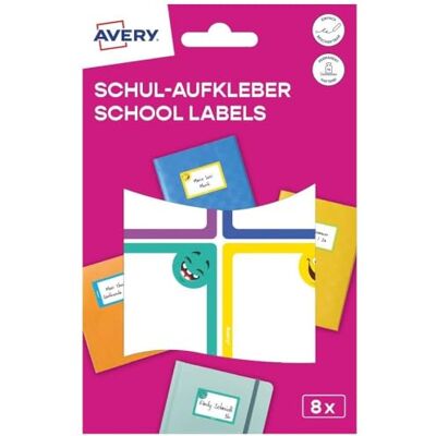 Avery SCHOOL8S Lot de 8 autocollants nominatifs pour l'école pour enfants (46 x 68 mm, en papier, autocollants pour cahier, étiquettes nominatives, étiquettes de livre pour l'école, la Avery SCHOOL8S Lot de 8 autocollants nominatifs pour l'école pour enfants (46 x 68 mm, en papier, autocollants pour cahier, étiquettes nominatives, étiquettes de livre pour l'école, la