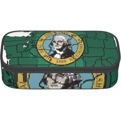 BGSHJVF Trousse à crayons haute capacité en tissu Oxford avec motif carte du drapeau de Washington, pour crayons, stylos, plusieurs compartiments, design élégant BGSHJVF Trousse à crayons haute capacité en tissu Oxford avec motif carte du drapeau de Washington, pour crayons, stylos, plusieurs compartiments, design élégant