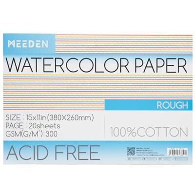 MEEDEN Bloc de papier aquarelle 100 % coton Avec 20 feuilles 300 g/m² Papier d'art sans acide Pour aquarelle, gouache, encre et plus encore 38 x 26 cm Rough MEEDEN Bloc de papier aquarelle 100 % coton Avec 20 feuilles 300 g/m² Papier d'art sans acide Pour aquarelle, gouache, encre et plus encore 38 x 26 cm Rough