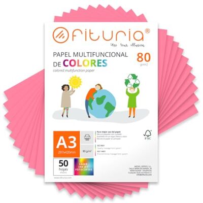 OFITURIA Lot de 50 feuilles de papier coloré A3 80 g Pour travaux manuels, imprimante, scrapbooking Idéal origami, papyroflexie, bureau et école (rose, 50 h) OFITURIA Lot de 50 feuilles de papier coloré A3 80 g Pour travaux manuels, imprimante, scrapbooking Idéal origami, papyroflexie, bureau et école (rose, 50 h)