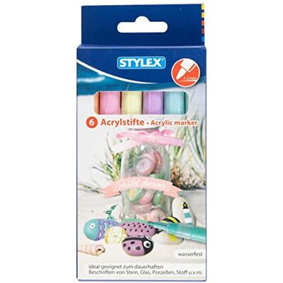 Stylex 32818 – Lot de 6 crayons acrylique pastel, couleurs ivoire, orange, menthe, azur rose, lilas, épaisseur de trait 1-2 mm, pour écrire de manière permanente sur la pierre, le verre et le tissu Stylex 32818 – Lot de 6 crayons acrylique pastel, couleurs ivoire, orange, menthe, azur rose, lilas, épaisseur de trait 1-2 mm, pour écrire de manière permanente sur la pierre, le verre et le tissu