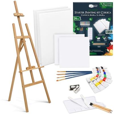 Artina 24 pcs kit peinture acrylique avec chevalet bois pour débutants 150cm 5 toiles 8 couleurs 12ml pinceaux spatules palette coffret créatif enfants adultes réglable hauteur FSC set Corsica Artina 24 pcs kit peinture acrylique avec chevalet bois pour débutants 150cm 5 toiles 8 couleurs 12ml pinceaux spatules palette coffret créatif enfants adultes réglable hauteur FSC set Corsica