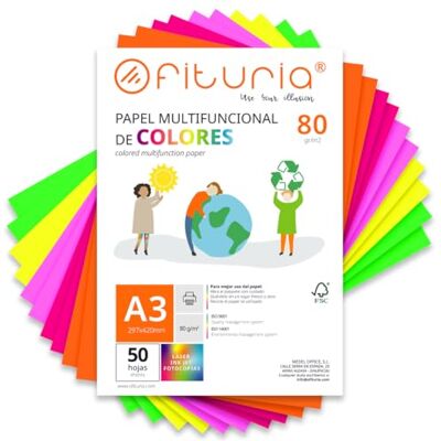 OFITURIA Lot de 50 feuilles de papier coloré A3 80 g Pour travaux manuels, imprimante, scrapbooking Idéal origami, papyroflexie, bureau et école (assortiment fluo, 50 h) OFITURIA Lot de 50 feuilles de papier coloré A3 80 g Pour travaux manuels, imprimante, scrapbooking Idéal origami, papyroflexie, bureau et école (assortiment fluo, 50 h)