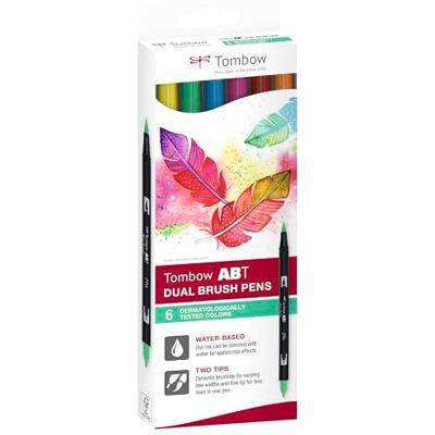 Tombow ABT-6C-3 Lot de 6 Feutres pinceau à 2 pointes, couleurs testées dermatologiquement Tombow ABT-6C-3 Lot de 6 Feutres pinceau à 2 pointes, couleurs testées dermatologiquement