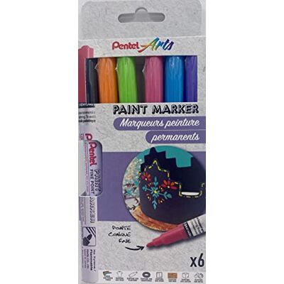 Pentel Arts Paint Marker MSP10, Pochette de 6 Marqueurs peinture permanents, Pointe fine, Noir/Violet/Rose/Orange/Vert clair/Bleu ciel Pentel Arts Paint Marker MSP10, Pochette de 6 Marqueurs peinture permanents, Pointe fine, Noir/Violet/Rose/Orange/Vert clair/Bleu ciel