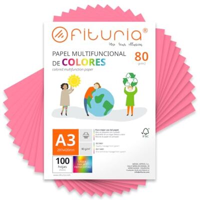 OFITURIA Lot de 100 feuilles de papier coloré A3 80 g Pour travaux manuels, imprimante, scrapbooking Idéal origami, papyroflexie, bureau et école (rose, 100 h) OFITURIA Lot de 100 feuilles de papier coloré A3 80 g Pour travaux manuels, imprimante, scrapbooking Idéal origami, papyroflexie, bureau et école (rose, 100 h)