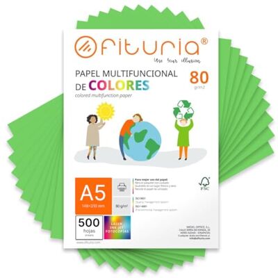 OFITURIA Lot de 500 feuilles colorées A5 80 g – Papier coloré pour travaux manuels, imprimante et scrapbooking – Feuilles A5 colorées – Idéal pour origami, bureau et école (vert) OFITURIA Lot de 500 feuilles colorées A5 80 g – Papier coloré pour travaux manuels, imprimante et scrapbooking – Feuilles A5 colorées – Idéal pour origami, bureau et école (vert)