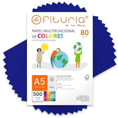 OFITURIA Lot de 1000 feuilles colorées A5 80 g Papier coloré pour travaux manuels, imprimante et scrapbooking Feuilles A5 colorées Idéal pour origami, bureau et école (bleu foncé) OFITURIA Lot de 1000 feuilles colorées A5 80 g Papier coloré pour travaux manuels, imprimante et scrapbooking Feuilles A5 colorées Idéal pour origami, bureau et école (bleu foncé)