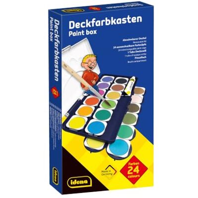 Idena 22064 Boîte de peinture opaque avec 24 couleurs et 1 tube de blanc opaque, idéal pour la maternelle, l'école et la maison Idena 22064 Boîte de peinture opaque avec 24 couleurs et 1 tube de blanc opaque, idéal pour la maternelle, l'école et la maison