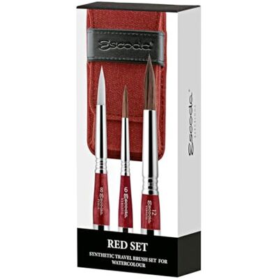 Escoda lot de 3 pinceaux aquarelle Red Travel Set N.6.8.12 pointe ronde cheveux synthétiques série Último Perla Versàtil étui tissu rouge professionnel fait main à Barcelone. Escoda lot de 3 pinceaux aquarelle Red Travel Set N.6.8.12 pointe ronde cheveux synthétiques série Último Perla Versàtil étui tissu rouge professionnel fait main à Barcelone.