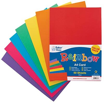 Baker Ross AV535 Lot de 50 feuilles cartonnées aux couleurs de l'arc-en-ciel A4 (220 g/m²), idéales pour les activités artistiques et artisanales, les collages, la fabrication de modèle et plus encore Baker Ross AV535 Lot de 50 feuilles cartonnées aux couleurs de l'arc-en-ciel A4 (220 g/m²), idéales pour les activités artistiques et artisanales, les collages, la fabrication de modèle et plus encore