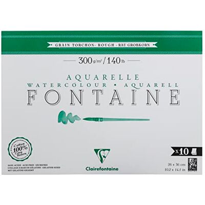 Clairefontaine 975515C Bloc Encollé 1 Côté Fontaine 10 Feuilles Papier Aquarelle Blanc 100% Coton Grain Torchon Qualité Professionnelle 26x36 cm 300g Clairefontaine 975515C Bloc Encollé 1 Côté Fontaine 10 Feuilles Papier Aquarelle Blanc 100% Coton Grain Torchon Qualité Professionnelle 26x36 cm 300g