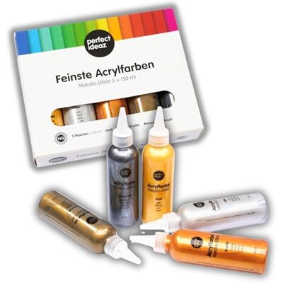 perfect ideaz Set de Peinture Acrylique métallique 5 x 150 ML (750 ML), 5 Couleurs créatives différentes, Forte Concentration de pigments de Couleur, Fort Pouvoir Couvrant et séchage Rapide perfect ideaz Set de Peinture Acrylique métallique 5 x 150 ML (750 ML), 5 Couleurs créatives différentes, Forte Concentration de pigments de Couleur, Fort Pouvoir Couvrant et séchage Rapide