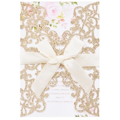 AdasBridal Lot de 50 cartes d'invitation de mariage à paillettes découpées au laser avec enveloppe, feuille intérieure vierge et ruban pour mariage, fiançailles, fête prénuptiale (18 x 12,5 cm, or AdasBridal Lot de 50 cartes d'invitation de mariage à paillettes découpées au laser avec enveloppe, feuille intérieure vierge et ruban pour mariage, fiançailles, fête prénuptiale (18 x 12,5 cm, or