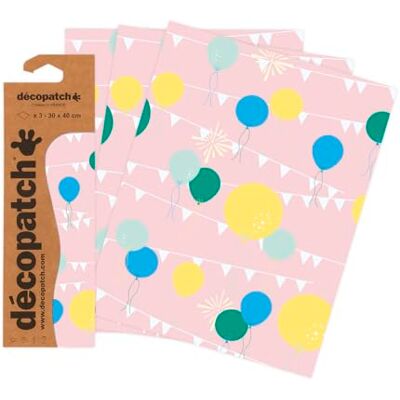 décopatch C905C Une pochette de 3 feuilles de papier imprimé 30x40 cm, Ballons fond rose décopatch C905C Une pochette de 3 feuilles de papier imprimé 30x40 cm, Ballons fond rose