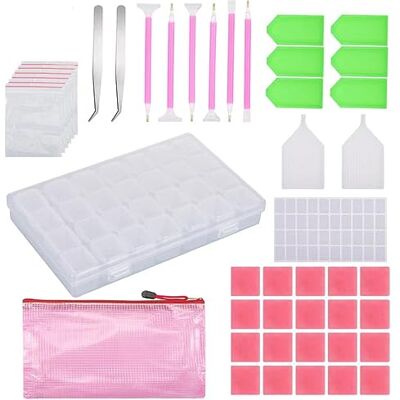 PIQIUQIU Kit d'accessoires de peinture diamant 5D, 69 pièces avec boîte de rangement, stylo, pincette, cire, stylo, étiquettes autocollantes, sacs, plateau PIQIUQIU Kit d'accessoires de peinture diamant 5D, 69 pièces avec boîte de rangement, stylo, pincette, cire, stylo, étiquettes autocollantes, sacs, plateau