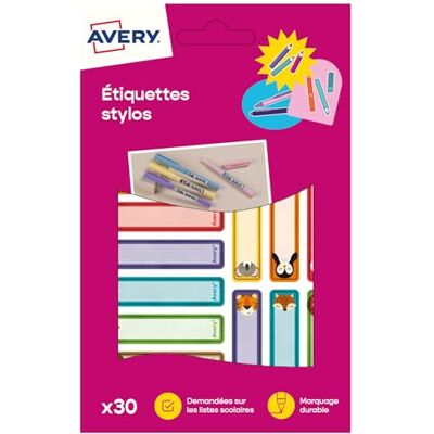 Avery 30 Étiquettes Autocollantes Résistantes pour Crayon de Couleurs, Feutres et Stylo 4 Couleur Format 50 x 10 mm Motifs Animaux Surface Blanche Inscriptible Adhésif Permanent Avery 30 Étiquettes Autocollantes Résistantes pour Crayon de Couleurs, Feutres et Stylo 4 Couleur Format 50 x 10 mm Motifs Animaux Surface Blanche Inscriptible Adhésif Permanent