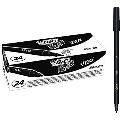 BIC Kids Visa Feutres de Coloriage à Pointe Fine, Lavables, Encre à base d'eau Couleur Noire, Boîte de 24 BIC Kids Visa Feutres de Coloriage à Pointe Fine, Lavables, Encre à base d'eau Couleur Noire, Boîte de 24